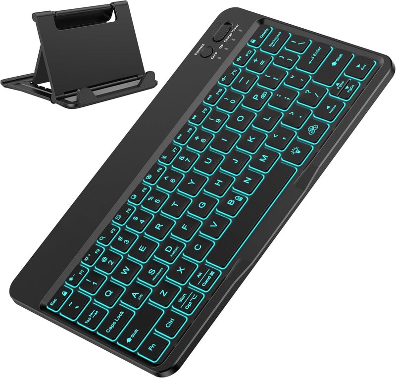Omoton Bluetooth Keyboard for Tablet/Android/Windows/iOS, with 7 Colors Backlight Rechargeable Wireless Mini Keyboard for Galaxy Tab A9+ / S9 FE / S10 / S11 / A11 Series etc, Black - Image 1